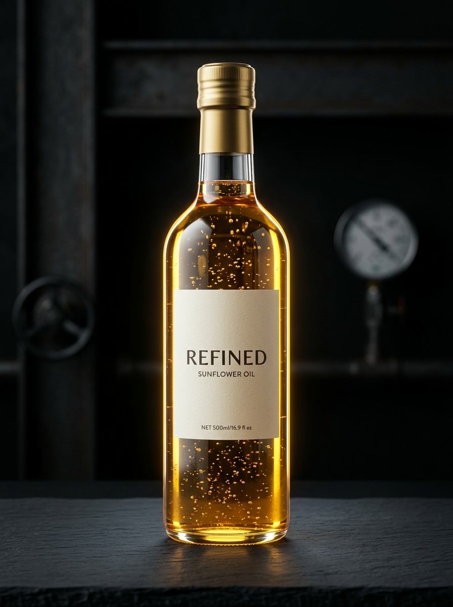 Refined Sunflower Oil bottle with amber golden liquid